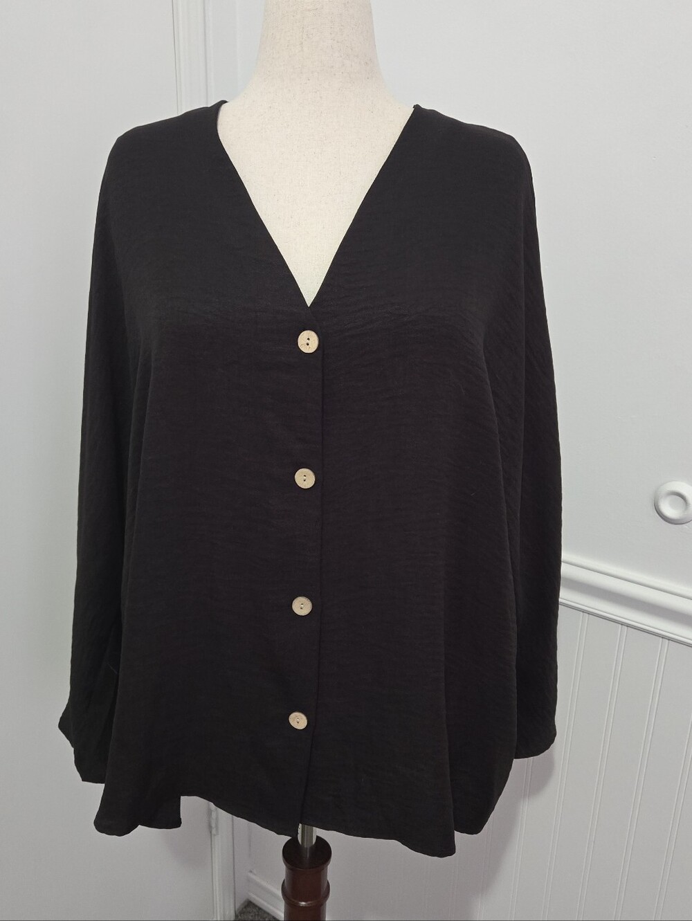 Classic V-Neck Black Button-Front Women's Top